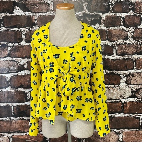 Cabi Blouse Women's XS Extra Small Yellow Leopard Print Sunny Tie Wrap Peplum - Picture 5 of 14